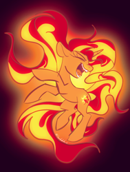 Size: 1106x1462 | Tagged: safe, artist:tttthunderbolt, sunset shimmer, pony, unicorn, g4, black background, catasterism, eyes closed, fangs, female, fiery shimmer, fire, glowing mane, mare, open mouth, open smile, orange coat, simple background, smiling, solo, sun, sunshine shimmer, teeth