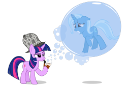 Size: 2250x1500 | Tagged: safe, artist:detectivefrankie, artist:navitaserussirus, edit, vector edit, trixie, twilight sparkle, pony, unicorn, g4, blowing bubbles, bubble, bubble pipe, deerstalker, detective, duo, duo female, female, hat, hilarious in hindsight, pipe, sherlock holmes, sherlock sparkle, simple background, soap bubble, transparent background, trapped, unicorn twilight