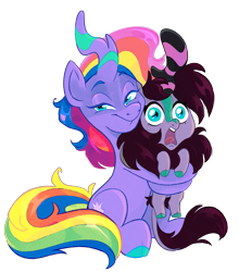 Size: 1407x1600 | Tagged: safe, artist:askometa, oc, oc only, oc:askometa, kirin, pony, unicorn, 2024 community collab, derpibooru community collaboration, g4, duo, female, kirin oc, looking at you, mare, multicolored hair, rainbow hair, screaming, simple background, sitting, small, smiling, smiling at you, smirk, transparent background