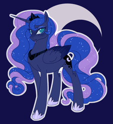 Size: 2047x2252 | Tagged: safe, artist:frowoppy, princess luna, alicorn, pony, g4, blue background, colored wings, crown, female, folded wings, freckles, high res, hoof shoes, jewelry, looking at you, mare, no pupils, regalia, simple background, smiling, smiling at you, solo, two toned wings, wings