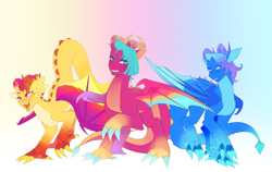 Size: 4258x2695 | Tagged: safe, artist:aztrial, blaize skysong, fountain (g5), luxxe, dragon, g5, dragoness, female, gradient background, trio, trio female