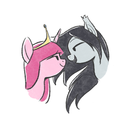 Size: 1000x1000 | Tagged: safe, artist:tttthunderbolt, bat pony, pony, unicorn, g4, adventure time, bubbline, bust, duo, female, lesbian, marceline, portrait, princess bubblegum, shipping, simple background, white background