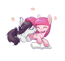 Size: 1058x1000 | Tagged: safe, artist:tttthunderbolt, bat pony, pony, g4, adventure time, book, cuddling, duo, female, lesbian, marceline, open mouth, open smile, pink hair, pink mane, princess bubblegum, shipping, simple background, smiling, teeth, white background