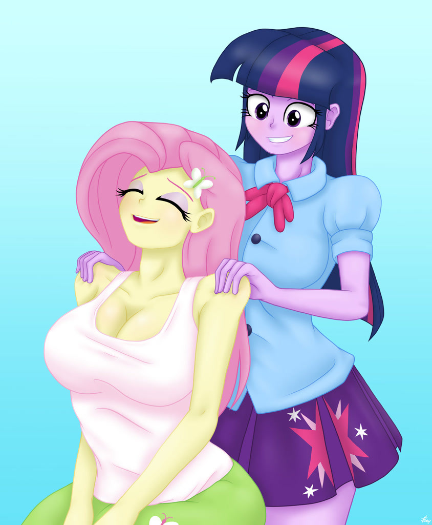 [big breasts,breasts,cleavage,clothes,commission,duo,equestria girls,eyes closed,female,fluttershy,g4,grin,human,massage,open mouth,safe,sitting,skirt,tanktop,twilight sparkle,duo female,gradient background,collarbone,blue background,smiling,bare shoulders,busty fluttershy,busty twilight sparkle,shoulder massage,butterfly hairpin,artist:lennondash]