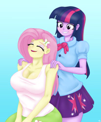 Size: 1280x1553 | Tagged: safe, artist:lennondash, fluttershy, twilight sparkle, human, equestria girls, g4, arms, bare shoulders, big breasts, blouse, blue background, bowtie, breasts, bust, busty fluttershy, busty twilight sparkle, butterfly hairpin, cleavage, clothes, collarbone, commission, duo, duo female, eyes closed, female, fingers, gradient background, grin, hairpin, hand, happy, head up, long hair, massage, open mouth, puffy sleeves, shoulder massage, shoulder rubbing, sitting, skirt, smiling, stupid sexy fluttershy, tank top, teenager, teeth