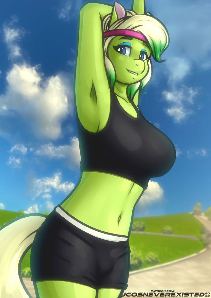 [anthro,armpits,belly button,clothes,cloud,earth pony,female,g5,headband,looking at you,mare,pony,safe,solo,workout outfit,artist:jcosneverexisted,minty (g5),busty minty (g5)]