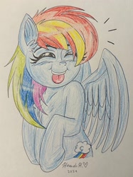 Size: 1829x2444 | Tagged: safe, artist:pinkamena_exe, rainbow dash, pegasus, pony, g4, :p, chest fluff, cute, eyes closed, female, human shoulders, mare, pencil drawing, silly, silly pony, solo, tongue out, traditional art