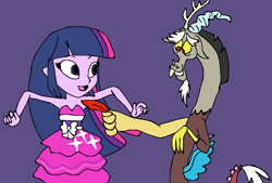 Size: 1072x724 | Tagged: safe, artist:mojo1985, discord, twilight sparkle, draconequus, human, equestria girls, g4, armpit tickling, armpits, clothes, dress, fall formal outfits, feather, formal wear, laughing, open mouth, personal space invasion, purple background, simple background, sleeveless, sleeveless dress, strapless, strapless dress, tickling
