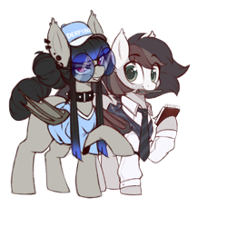 Size: 2000x2000 | Tagged: safe, artist:aer0 zer0, oc, oc only, oc:enzy, oc:news flash, bat pony, 2024 community collab, derpibooru community collaboration, baseball cap, bat pony oc, cap, clothes, duo, grin, hat, hoof hold, lidded eyes, looking at you, mouth hold, necktie, shirt, simple background, smiling, transparent background