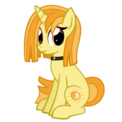 Size: 1500x1500 | Tagged: safe, artist:heliocentric, oc, oc only, oc:amber flair, pony, unicorn, 2024 community collab, derpibooru community collaboration, g4, choker, female, full body, heart, horn, looking at you, mare, simple background, sitting, smiling, solo, tail, transparent background, two toned mane, two toned tail, unicorn oc