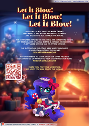 Size: 827x1169 | Tagged: safe, artist:amaichix, princess luna, alicorn, pony, comic:let it blow! let it blow! let it blow!, g4, advertisement, bell, bell collar, blushing, bow, candy, candy cane, chibi, christmas, christmas clothing, christmas stocking, christmas tree, clothes, collar, female, fire, fireplace, food, heart, heart eyes, holiday, information, looking at you, mare, present, qr code, solo, tree, window, wingding eyes, wings