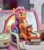 Size: 1337x1518 | Tagged: safe, screencap, sunny starscout, earth pony, pony, a little horse, g5, my little pony: make your mark, my little pony: make your mark chapter 4, spoiler:g5, spoiler:my little pony: make your mark, spoiler:my little pony: make your mark chapter 4, spoiler:mymc04e06, bag, belly, blurry, book, chair, crystal brighthouse, cute, female, hoof hold, indoors, mane stripe sunny, mare, phone, photo, picture of a screen, saddle bag, sitting like a human, sunnybetes, television