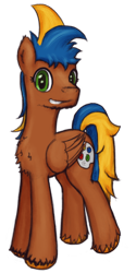 Size: 600x1200 | Tagged: safe, artist:hiddelgreyk, oc, oc only, unnamed oc, pegasus, pony, 2024 community collab, derpibooru community collaboration, blue mane, brown coat, chest fluff, folded wings, full body, green eyes, grin, hooves, looking at you, male, pegasus oc, simple background, smiling, solo, stallion, standing, tail, transparent background, two toned mane, two toned tail, wings