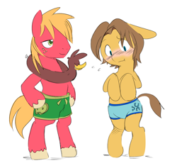 Size: 850x807 | Tagged: safe, artist:ende26, color edit, edit, big macintosh, caramel, earth pony, pony, semi-anthro, g4, blushing, clothes, colored, cute, cutie mark on clothes, duo, duo male, embarrassed, gay, inner tube, macabetes, male, partial nudity, pool toy, ship:caramac, shipping, shorts, simple background, stallion, swimming trunks, swimsuit, topless, white background