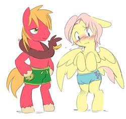 Size: 850x807 | Tagged: safe, alternate version, artist:ende26, color edit, edit, big macintosh, fluttershy, earth pony, pegasus, pony, semi-anthro, g4, adorascotch, blushing, butterscotch, clothes, colored, cute, cutie mark on clothes, duo, duo male, embarrassed, gay, half r63 shipping, inner tube, macabetes, male, partial nudity, pool toy, rule 63, ship:buttermac, ship:fluttermac, shipping, shorts, simple background, stallion, swimming trunks, swimsuit, topless, white background