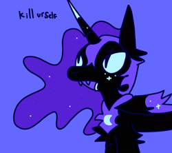 Size: 2048x1822 | Tagged: safe, artist:ponyenjoer, nightmare moon, alicorn, pony, g4, blue background, bust, fangs, jewelry, open mouth, regalia, simple background, solo, text