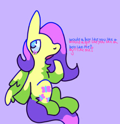 Size: 2048x2114 | Tagged: safe, artist:ponyenjoer, fluttershy, pegasus, pony, g4, chest fluff, high res, simple background, sitting, solo, text