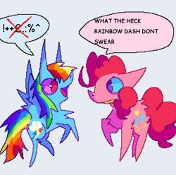 Size: 2048x2033 | Tagged: safe, artist:ponyenjoer, pinkie pie, rainbow dash, earth pony, pegasus, pony, g4, duo, high res, looking at each other, looking at someone, open mouth, simple background, smiling, spread wings, text, white background, wings