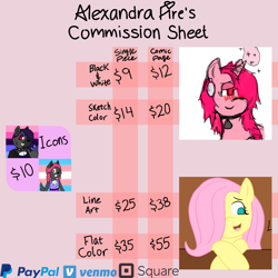 Size: 1080x1080 | Tagged: safe, artist:alexandrafire, artist:flamingazalea, fluttershy, oc, oc:flaming azalea, pegasus, unicorn, g4, advertisement, commission info