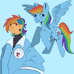 Size: 2048x2048 | Tagged: safe, artist:st4rshin3s, rainbow dash, human, g4, blue background, cyan background, high res, humanized, simple background, solo