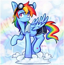 Size: 1881x1924 | Tagged: safe, artist:hecctwo, rainbow dash, pegasus, pony, g4, clothes, cloud, goggles, shorts, solo, sweat, sweatdrop, towel, zoom layer