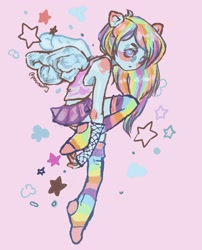 Size: 2992x3700 | Tagged: safe, artist:perovskitty, rainbow dash, human, equestria girls, g4, clothes, high res, pink background, rainbow socks, simple background, socks, solo, stocking feet, stockings, striped socks, thigh highs