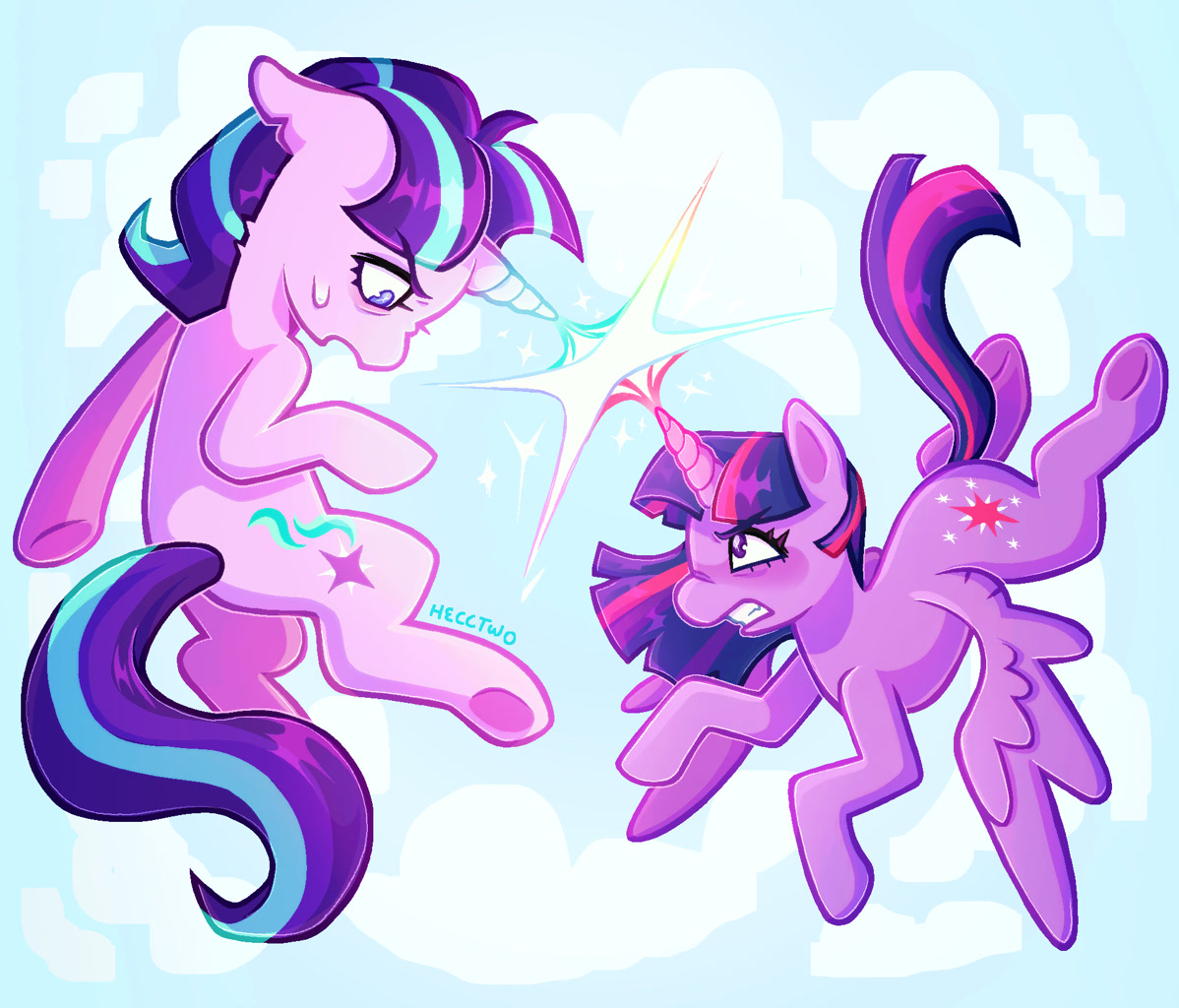 [alicorn,angry,duo,fight,flying,frown,g4,magic,open mouth,pony,safe,sweat,sweatdrop,twilight sparkle,unicorn,wings,looking at each other,starlight glimmer,spread wings,s5 starlight,twilight sparkle (alicorn),looking at someone,artist:hecctwo]
