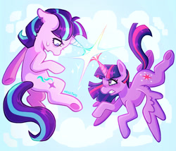 Size: 1920x1641 | Tagged: safe, artist:hecctwo, starlight glimmer, twilight sparkle, alicorn, pony, unicorn, g4, angry, duo, fight, flying, frown, looking at each other, looking at someone, magic, open mouth, s5 starlight, spread wings, sweat, sweatdrop, twilight sparkle (alicorn), wings