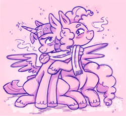 Size: 1966x1811 | Tagged: safe, artist:hecctwo, pinkie pie, twilight sparkle, alicorn, earth pony, pony, g4, blushing, clothes, cute, diapinkes, duo, female, happy, hug, lesbian, scarf, shared clothing, shared scarf, ship:twinkie, shipping, sitting, smiling, sparkles, spread wings, striped scarf, twiabetes, twilight sparkle (alicorn), wings