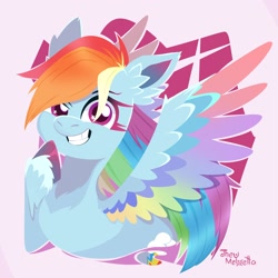 Size: 1280x1280 | Tagged: safe, artist:jheymeloetta648, rainbow dash, g4, chest fluff, colored wings, ear fluff, ears up, eyes open, multicolored wings, rainbow wings, raised hoof, smiling, solo, spread wings, teeth, unshorn fetlocks, wings