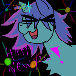 Size: 1280x1280 | Tagged: safe, artist:jermmgermm, oc, oc only, unicorn, 2024, agender, fireworks, happy new year, holiday, horn, solo, unicorn oc, xd