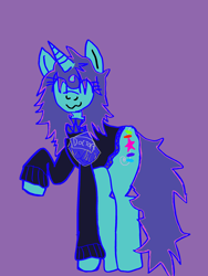 Size: 2250x3000 | Tagged: safe, artist:jermmgermm, oc, oc only, unicorn, agender, blue mane, clothes, doctor who, high res, hoodie, horn, pink hair, ponysona, purple background, purple hair, simple background, solo, unicorn oc