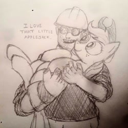 Size: 1932x1932 | Tagged: safe, artist:dhm, applejack, earth pony, human, pony, g4, engineer, engineer (tf2), holding a pony, monochrome, sketch, team fortress 2, traditional art