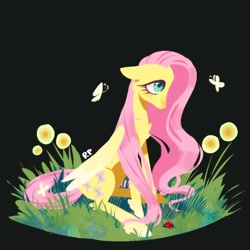 Size: 1080x1080 | Tagged: safe, artist:ksghracpav, fluttershy, butterfly, insect, ladybug, pegasus, pony, g4, black background, feathered fetlocks, female, flower, folded wings, grass, looking up, mare, simple background, sitting, solo, wavy mane, wings