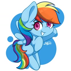 Size: 1440x1440 | Tagged: safe, artist:jponyotaku, rainbow dash, pegasus, pony, g4, blue body, blue coat, blue fur, blue pony, blue wings, chibi, eyebrows, eyebrows visible through hair, female, looking at you, magenta eyes, mare, multicolored hair, rainbow hair, rainbow tail, signature, smiling, solo, tail, wings