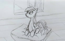 Size: 3067x1952 | Tagged: safe, artist:dhm, rainbow dash, pegasus, g4, comfy, house, monochrome, pillow, sketch, solo, traditional art