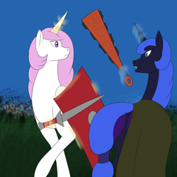 Size: 2000x2000 | Tagged: safe, artist:saint boniface, nightmare moon, princess celestia, alicorn, pony, g4, high res, macuahuitl, sword, weapon