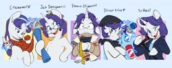 Size: 6880x2744 | Tagged: safe, artist:chub-wub, rarity, pony, unicorn, semi-anthro, g4, alternate hairstyle, alternate universe, bandana, beanie, bipedal, blueprint, book, clothes, crochet, crochet hook, crossed arms, cute, ear piercing, earring, eyebrows, eyeshadow, female, floppy ears, glasses, glasses chain, glowing, glowing horn, hairband, hat, horn, human shoulders, jacket, jewelry, knitting, levitation, lidded eyes, magic, magic aura, makeup, mare, measuring tape, microphone, one eye closed, open mouth, open smile, passepartout, pen, pencil, personality swap, piercing, pincushion, plushie, raised eyebrow, raribetes, ruler, scarf, shirt, sketchbook, smiling, solo, spool, spray can, spray paint, suit, sweater, telekinesis, turtleneck, wink