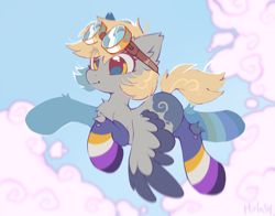 Size: 2048x1602 | Tagged: safe, artist:mirtash, derpy hooves, pegasus, pony, g4, alternate hairstyle, alternate name, alternate universe, chest fluff, clothes, cloud, cloud pattern, cute, derpabetes, ear fluff, eye clipping through hair, flying, goggles, goggles on head, hock fluff, markings, nonbinary, nonbinary pride flag, outdoors, pride, pride flag, pride socks, redesign, sky, socks, solo, spread wings, striped socks, striped underwear, underwear, wings