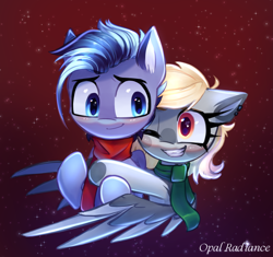 Size: 2997x2821 | Tagged: safe, artist:opal_radiance, oc, pegasus, pony, boyfriend and girlfriend, bubuvany, christmas, couple, duo, duo male and female, female, high res, holiday, hug, hug from behind, looking at each other, looking at someone, male, one eye closed