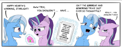 Size: 4000x1611 | Tagged: safe, artist:chopsticks, starlight glimmer, trixie, pony, unicorn, g4, cheek fluff, chest fluff, comic, dialogue, duo, duo female, ear fluff, female, floppy ears, hearth's warming, magic, magic aura, mare, open mouth, present, simple background, starlight glimmer is not amused, telekinesis, text, unamused, white background