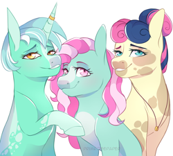 Size: 1280x1151 | Tagged: safe, artist:primrosepaper, bon bon, lyra heartstrings, sweetie drops, oc, oc:minty, earth pony, pony, unicorn, g4, alternate hairstyle, coat markings, family, female, grin, horn, horn ring, jewelry, lesbian, lidded eyes, looking at you, magical lesbian spawn, necklace, offspring, parent:bon bon, parent:lyra heartstrings, parents:lyrabon, ring, ship:lyrabon, shipping, signature, simple background, smiling, smiling at you, trio, wedding ring, white background