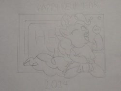 Size: 720x540 | Tagged: safe, artist:rosasaav, pinkie pie, g4, 2024, clothes, happy new year, happy new year 2024, holiday, sitting, television, traditional art