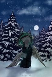 Size: 1378x2039 | Tagged: safe, artist:chrystal_company, derpibooru exclusive, oc, oc only, oc:lumishade, pegasus, pony, clothes, cloud, female, looking up, moon, night, one eye closed, scarf, secret santa, snow, snowfall, snowflake, solo, standing, stars, stockings, thigh highs, tree