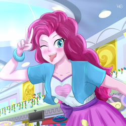 Size: 3000x3000 | Tagged: safe, artist:leikokun, pinkie pie, human, equestria girls, g4, ;p, bracelet, breasts, bust, canterlot mall, clothes, decoration, female, fingers, hair, happy, high res, jewelry, leaning forward, looking at you, mall, one eye closed, open mouth, open smile, peace sign, screencap background, shirt, silly, skirt, smiling, solo, teenager, teeth, television, tongue out, vest, wink, winking at you