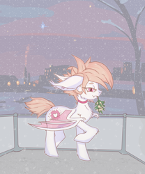 Size: 2000x2408 | Tagged: safe, artist:wave, oc, oc only, oc:white mouse, bat pony, albino, bat pony oc, bat wings, city, cityscape, collar, evening, female, high res, looking at you, mare, mistletoe, pink eyes, snow, snowfall, solo, wings