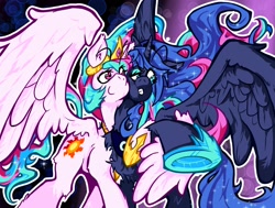 Size: 2560x1936 | Tagged: safe, artist:kizupoko, princess celestia, princess luna, alicorn, pony, g4, cel shading, female, hoof shoes, hug, shading, siblings, sisters, sparkles, sparkling mane, wings