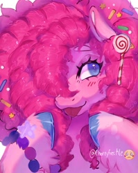 Size: 914x1149 | Tagged: safe, artist:cherryfreckle, pinkie pie, earth pony, pony, g4, :p, blush lines, blushing, bracelet, bust, candy, female, food, hair over one eye, jewelry, lollipop, mare, signature, solo, tongue out, unshorn fetlocks