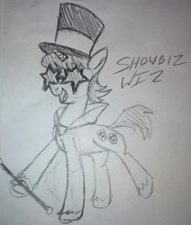 Size: 2509x2962 | Tagged: safe, artist:dhm, oc, oc:showbiz wiz, pony, high res, monochrome, secret santa, sketch, solo, traditional art