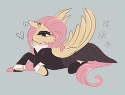 Size: 4096x3094 | Tagged: safe, artist:jezebel-remedy, fluttershy, butterfly, pegasus, pony, g4, female, floppy ears, fluttergoth, gray background, heart, lidded eyes, lying down, mare, prone, simple background, solo